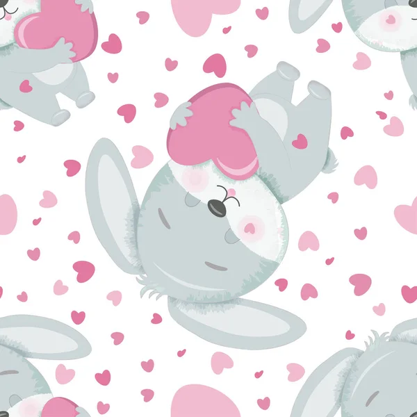 Seamless pattern with a gray bunny with a heart. — Stock vektor