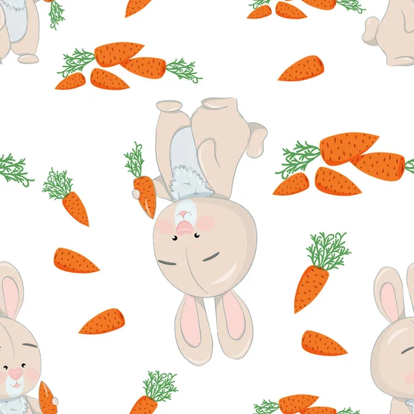 Seamless pattern with little cute pink bunny with carrots. — Stock vektor