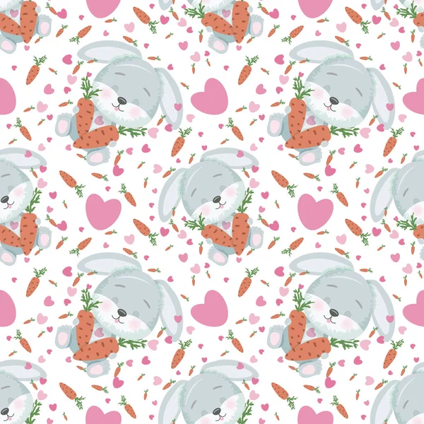 Seamless pattern with funny gray bunny with hearts and carrots.