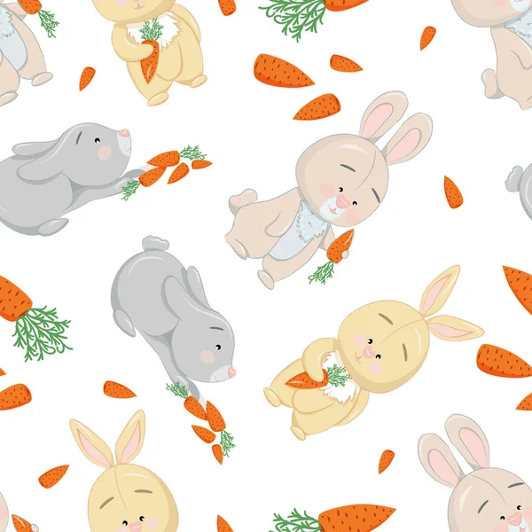Seamless pattern with little colorful bunnies with carrots. — Stock vektor