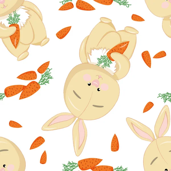 Seamless pattern with a small funny beige bunny with carrots. — Wektor stockowy