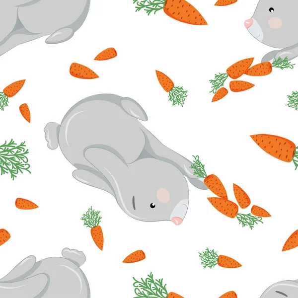Seamless pattern with a small funny gray bunny with carrots. — Wektor stockowy