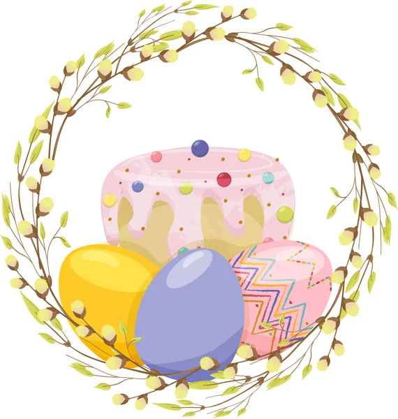 Ghirlanda di ramo rotonda con uova di Pasqua realistiche e torta di Pasqua in una ghirlanda di rami di salice e foglie giovani. — Vettoriale Stock