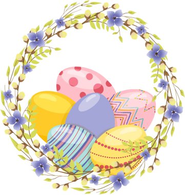 Söğüt dallarından, taze yapraklardan ve gerçekçi paskalya yumurtalarından oluşan mutlu Paskalya çelenkleri. Renk Çok Peri