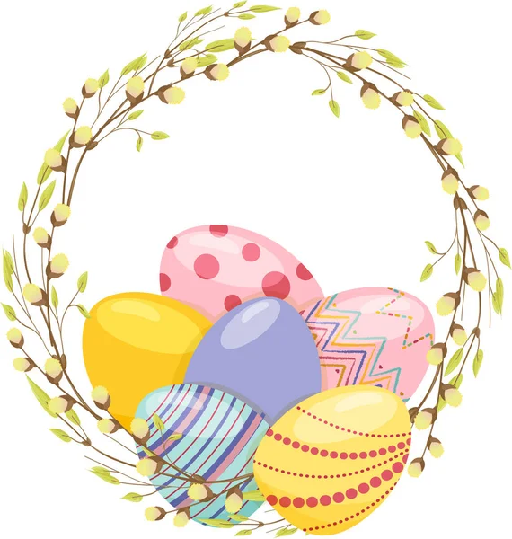 Ghirlanda di ramo rotonda con uova di Pasqua realistiche in una ghirlanda di rami di salice e foglie giovani. — Vettoriale Stock