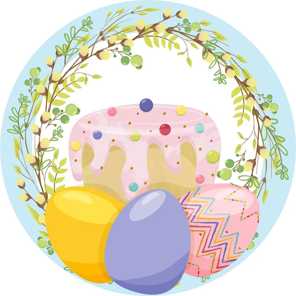 Ghirlanda di ramo rotonda con uova di Pasqua realistiche e torta di Pasqua in una ghirlanda di rami di salice e foglie giovani. Con cornice blu. — Vettoriale Stock