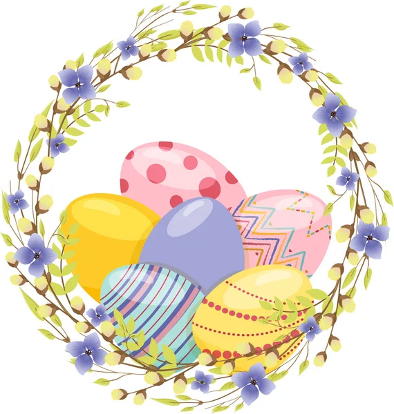 Buona Pasqua corona di rami di salice e giovani foglie e fiori con realistiche uova di Pasqua. Colore Molto Peri — Vettoriale Stock
