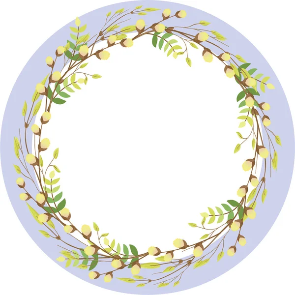 Corona redonda de ramas con hojas jóvenes y ramas de sauce. Elementos de diseño con hojas y ramas. — Archivo Imágenes Vectoriales