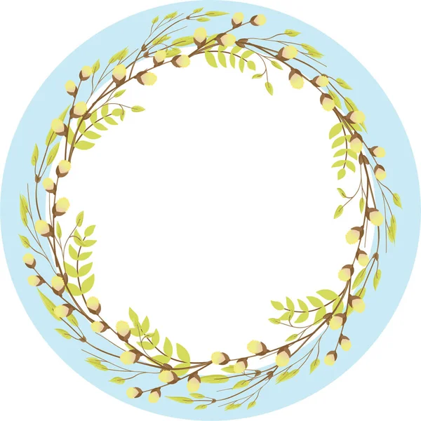 Corona redonda de ramas de sauce y hojas jóvenes con un marco azul. Elementos de diseño con hojas y ramas. — Archivo Imágenes Vectoriales