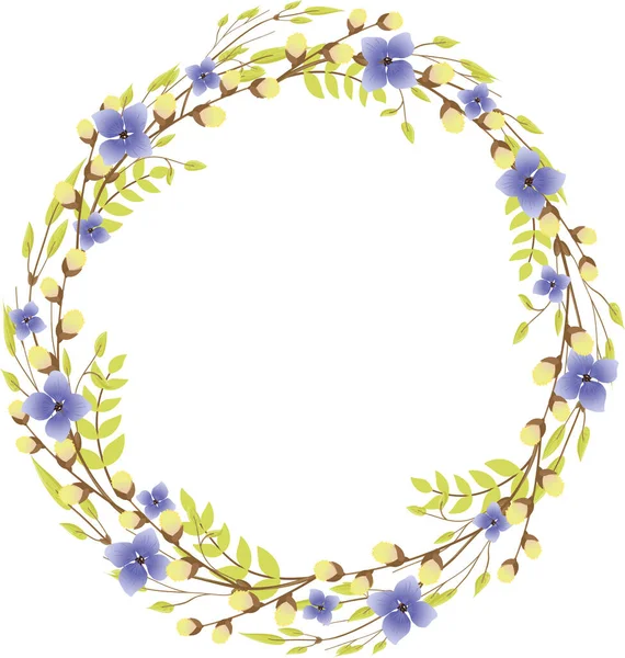 Söğüt dallarından oluşan yuvarlak bir çelenk ve çiçekli taze yapraklar. Yaprakları ve dalları olan tasarım ögeleri.