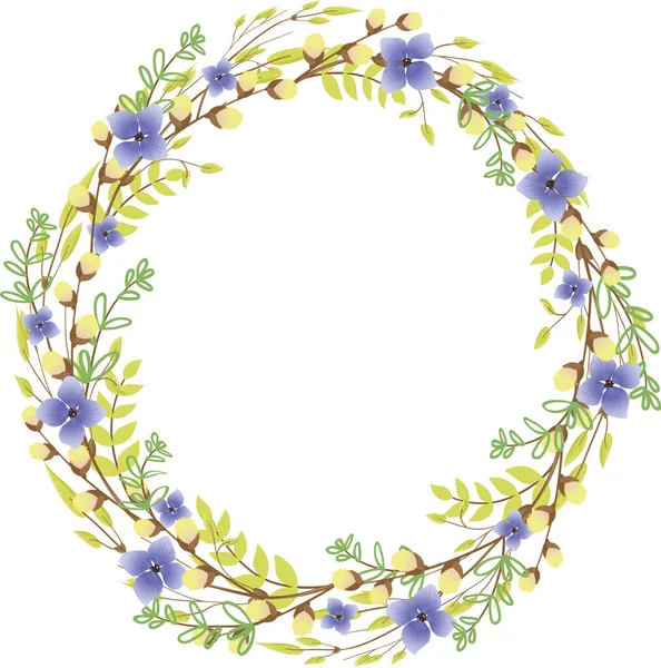 Couronne de branches de saule et de jeunes feuilles avec des fleurs. Eléments ronds avec feuilles et branches. — Image vectorielle