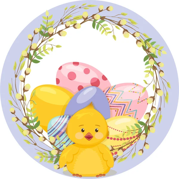 Frohe Ostern Gruß Hintergrund mit lustigen Huhn. mit realistischen Ostereiern in einem Kranz aus Weidenzweigen und jungen Blättern, Farbrahmen — Stockvektor