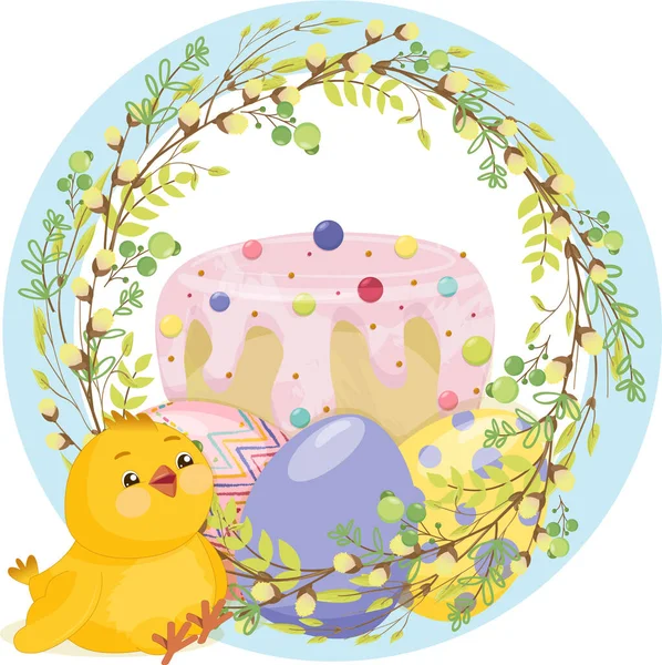 Felice sfondo di auguri pasquali con divertente pulcino, torta di Pasqua, con realistiche uova di Pasqua nella corona di rami di salice e foglie giovani, cornice di colore blu — Vettoriale Stock