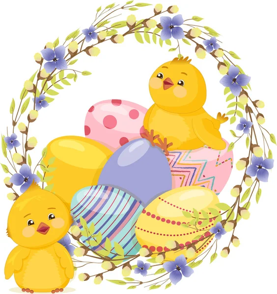 İki komik tavukla geçmiş Paskalyanız kutlu olsun. Gerçekçi Paskalya yumurtaları söğüt dalları, taze yapraklar ve çiçeklerle dolu bir çelenk. Renk Çok Peri