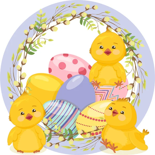 Buon sfondo di auguri pasquali con tre simpatici polli, con realistiche uova di Pasqua in una corona di rami di salice e foglie giovani, cornice a colori Very Peri — Vettoriale Stock