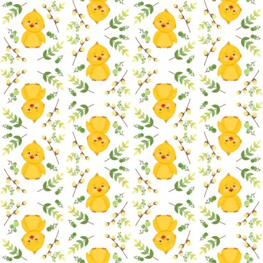 Beyaz arka planda şirin sarı tavuklar ve genç dallar olan kusursuz bir model..