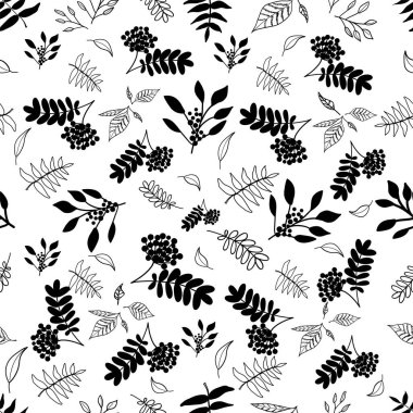 Pürüzsüz siyah beyaz desenli, kontür yapraklı ve bir demet Rowan..