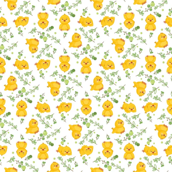 Sömlös vektor mönster med söta gula påsk kycklingar på en vit bakgrund. — Stock vektor