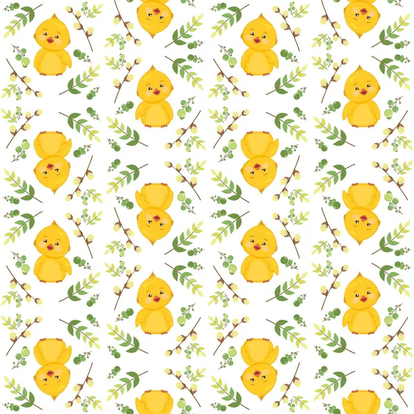 Beyaz arka planda şirin sarı tavuklar ve genç dallar olan kusursuz bir model..