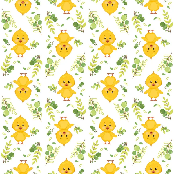 Beyaz arka planda sevimli sarı bir tavuk ve genç dallarla çizim yapmak. Vektör, kusursuz.