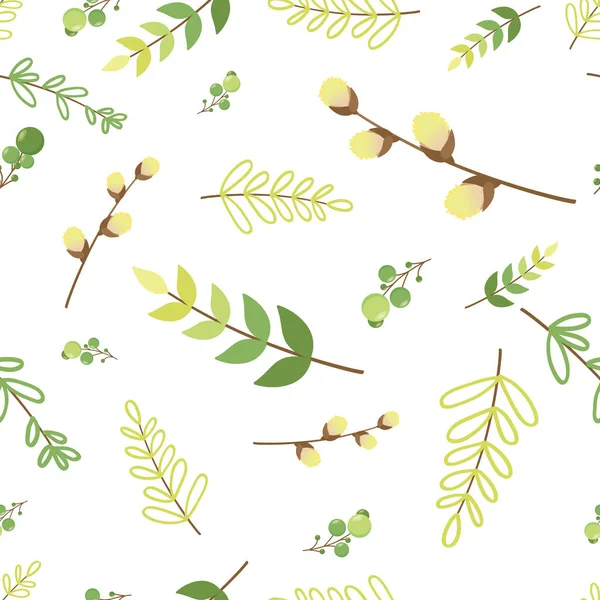 Nahtloses Muster mit jungen Blättern, jungen Trieben und Weidenzweigen. Auf weißem Hintergrund. — Stockvektor
