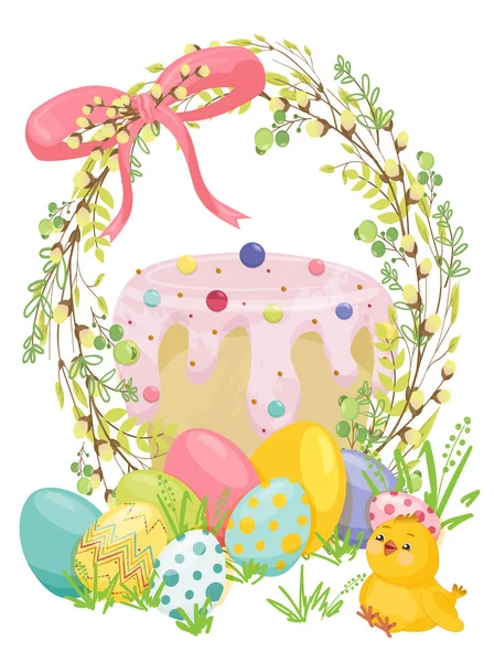 Poster pasquale felice, cartolina con simpatiche galline, realistiche uova di Pasqua, torta pasquale, in una corona di rami di salice e foglie giovani con fiocco. — Vettoriale Stock