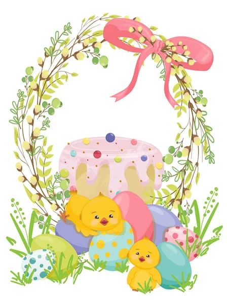Buona Pasqua cartolina, poster con simpatici polli, realistiche uova di Pasqua, torta di Pasqua, in una corona di rami di salice e foglie giovani con fiocco. — Vettoriale Stock