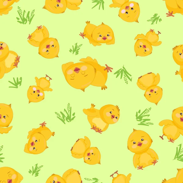Wektor bezszwowy wzór z cute żółte kurczaki, młoda zielona trawa. — Wektor stockowy