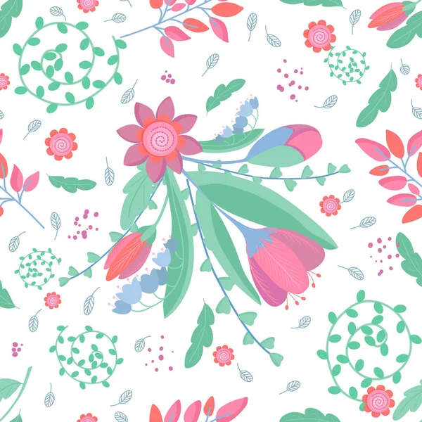 Bir buket çiçek ve tek çiçekli kusursuz desen. Beyaz arkaplanda hafif bir kompozisyon. El çizimi düz elementler, vektör botanik çizimi. Tekstil ürünleri, ambalaj kağıtları, kartpostallar için kusursuz desen. Vektör illüstrasyonu.