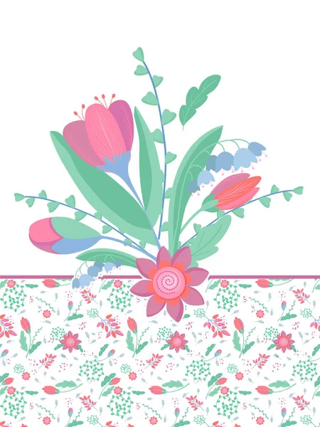 Çiçek desenli zarif bir kartpostal. Gerçekçi çiçekler, yapraklar, tomurcuklar, noktalar, girdaplar. Tebrik kartı, poster, davetiye tasarımı. Vektör illüstrasyonu.