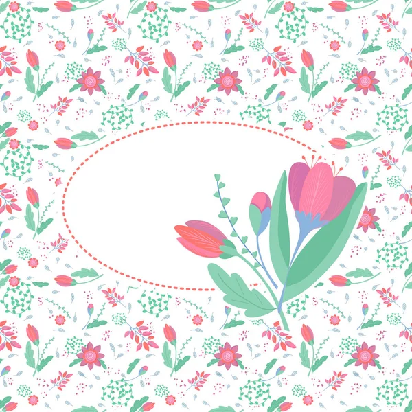 Hassas çiçekli bir kartpostal, bir vignette ve ön planda bir demet sevimli çiçek. Gerçekçi çiçekler, yapraklar, tomurcuklar, noktalar, girdaplar. Tebrik kartı, poster, davetiye tasarımı. Vektör illüstrasyonu.