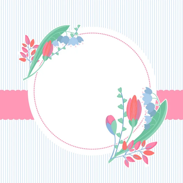 Nazik kare şeklinde, ön planda bir sürü güzel çiçek olan bir kartpostal. Gerçekçi çiçekler, yapraklar, tomurcuklar, noktalar, girdaplar. Tebrik kartı ve davetiye için tasarım öğeleri. Vektör illüstrasyonu.