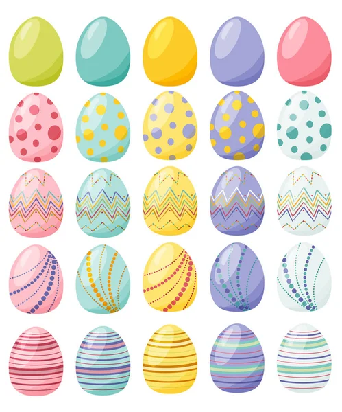 Bright, multi-colored, ornamented, circled and striped plow eggs on a white background. — Stock Vector