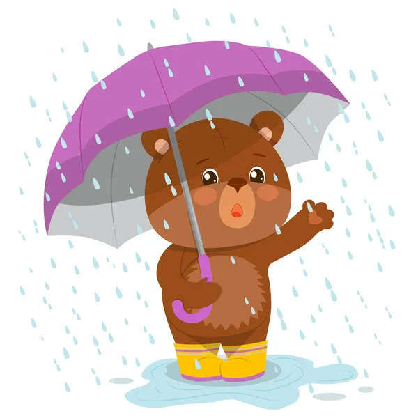 Komik oyuncak ayı ve arı su birikintilerinde kağıt tekne fırlatıyorlar..