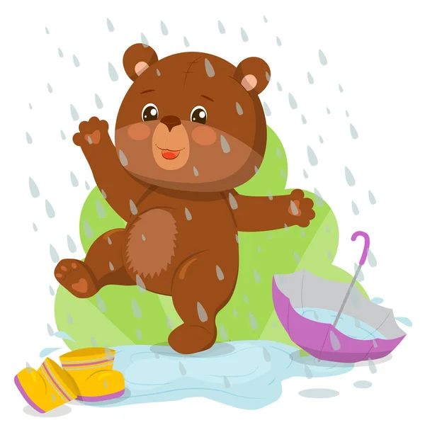 Mutlu bir ayı yavrusu su birikintisine atlar, su sıçratır..