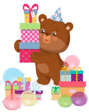 Parti şapkalı mutlu çizgi film ayısı hediye kutuları taşır. Vektör illüstrasyonu.