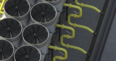 Hızlandırılmış zaman bulutlarının arkaplanına karşı soğutma sistemleri teknolojik soğutma için kullanılır. Hava ve suyun ağır sanayi için sıcaklığı düşürdüğü ısı değiştirici.