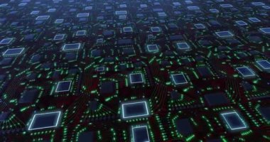 4K soyut fütüristik anakart şeması ve titreşimli neon ışıkları. Kavramsal bilim kurgu animasyonu.