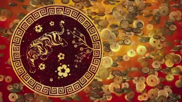 2022 Chinese New Year of the Tiger on the background of Chinese coins, Spring Festival, wish for wealth. Animated seamless loop copy space. — Stock Video