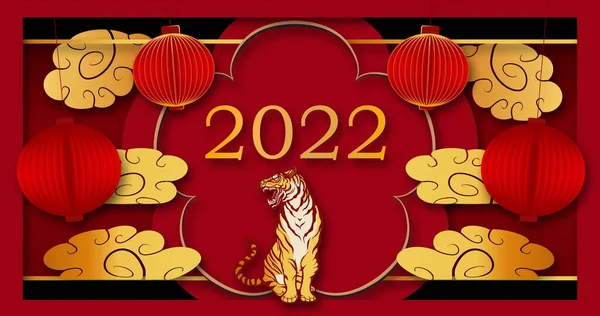 Čínský Tygr Zodiac2022 Čínský Nový Rok Oslavy Pozadí Zlaté Červené — Stock fotografie