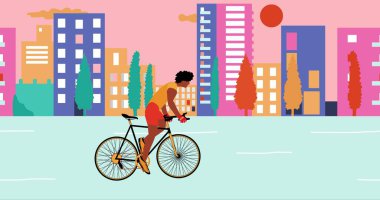 Afrikalı Amerikalı bisikletçiler yaz aylarında boş şehirde gün batımında bisiklet sürüyorlar. Çizgi film, düz tasarım, çizim