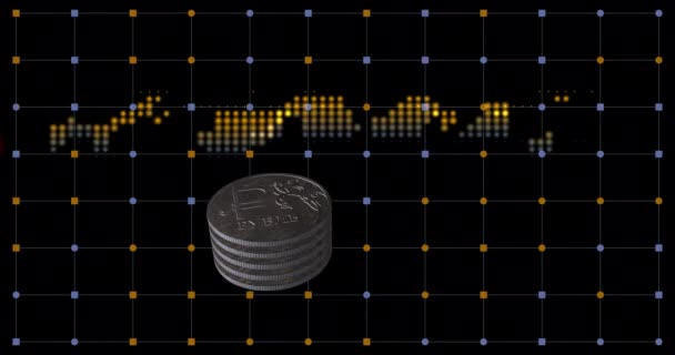 De groei van de waarde van de roebel. Kolommen van roebel munten en een grafiek van prijswijzigingen. Ruble munt bars en de prijs groei grafiek. 3D-weergave — Stockvideo