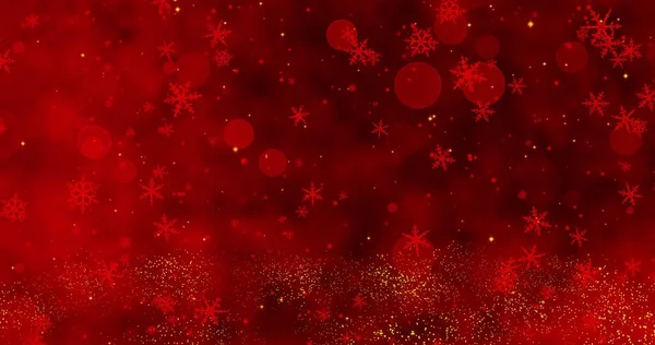 Red confetti snowflakes and bokeh lights on the red Merry Christmas background. Magical Happy new year texture. 3D renderinging 3D illustration — Foto de Stock