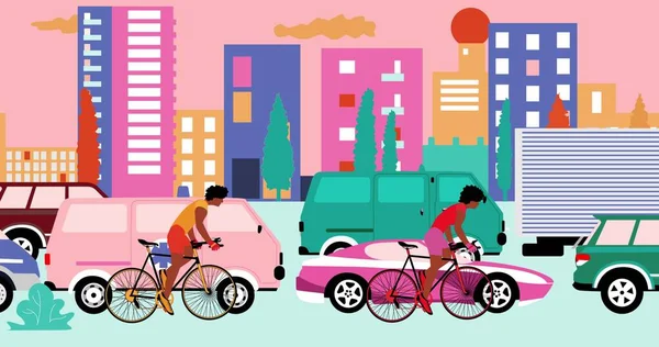 Afro-Amerikaanse fietsers fietsen op de weg met files in de stad. Cartoon, plat ontwerp, illustratie — Stockfoto