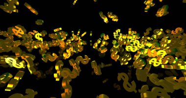 Siyah arkaplana düşen üç boyutlu altın semboller. Parti, finansal etkinlik geçmişi. 3 Boyutlu Hazırlama