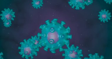 Coronavirus hücreleri. Mikroskop altında solunum enfeksiyonlarına neden olan bir virüs grubu. 3B görüntüleme döngüsü 4k