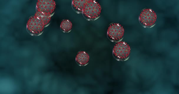コロナウイルス細胞 Covid 19拡散病原体を持つ小さな液滴 呼吸器感染症を引き起こすウイルスのアニメーショングループ 3Dレンダリングループ4K — ストック動画