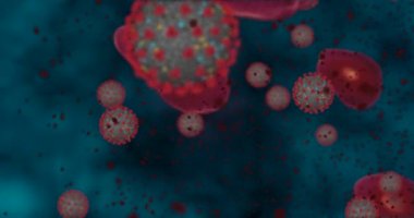 Yüksek konsantrasyon Coronavirus hastalığı Covid-19. Virüs ve kırmızı kan hücrelerinden oluşan animasyon grubu mikroskop altında toplanıyor. 3B görüntüleme 4k