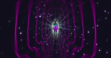 İnsan aura alanlarının çok renkli enerjisinin, meditasyon yapan kişinin etrafında farklı şekiller oluşturarak aydınlanmasının üç boyutlu bir animasyonu. VJing için video. Yüksek kalite 4k görüntü