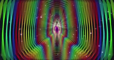 İnsan aura alanlarının çok renkli enerjisinin, meditasyon yapan kişinin etrafında farklı şekiller oluşturarak aydınlanmasının üç boyutlu bir animasyonu. VJing için video. Yüksek kalite 4k görüntü